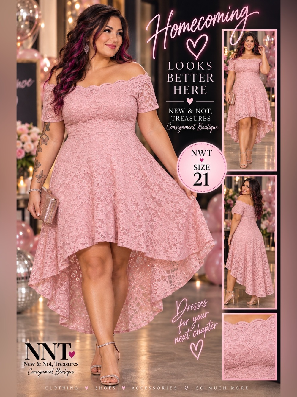 City Studio Blush Pink Lace Off-Shoulder High-Low Dress